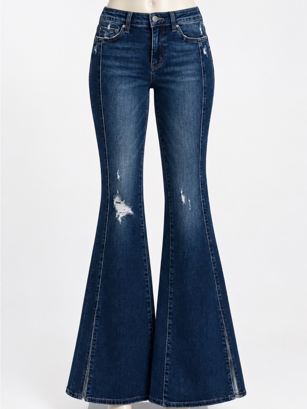 Dark Blue Distressed Flare Jeans - Women's Wide Leg